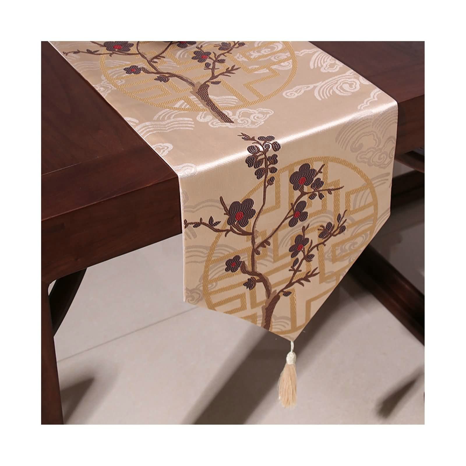 Chemin de table beige 33x210 cm en polyester moderne à pompons WXKAGF - 8