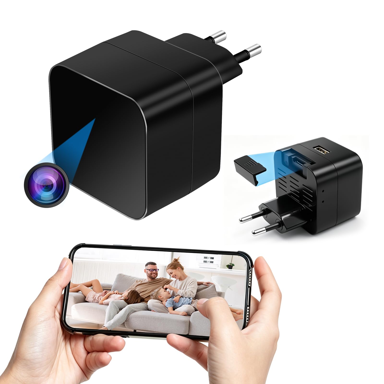 Cámara Oculta con Wifi 5G, Cámara Oculta con Cargador USB - Norma Europea | Mini Cámara Espía Oculta con WiFi con Detección de Movimiento, Grabación en Bucle, Wi-Fi 2.4 y 5G, APP Tuya