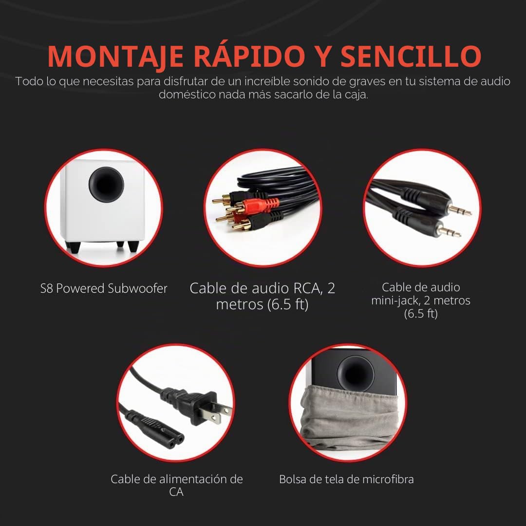 Audioengine S8 250W Subwoofer amplifié | Amplificateur intégré | Entrées RCA et 3,5 mm | Câbles Inclus (Noir)
