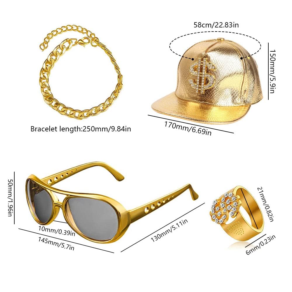 Set Accessori Rapper Costume Hip Hop Collana e Anello con Segno del Dollaro Bracciale in Oro Rapper Cappello e Occhiali da Sole Anni '80 '90 Accessori per Rapper