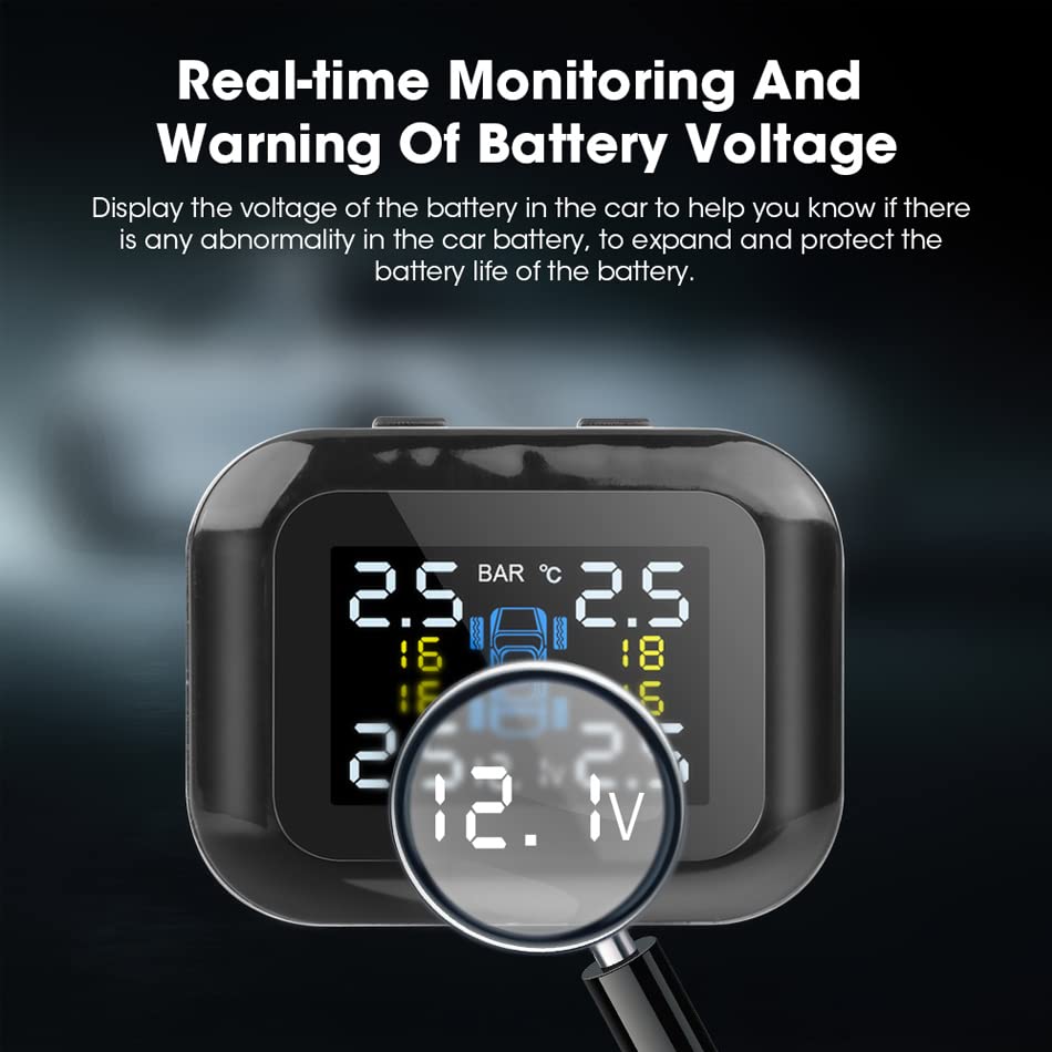 Tpms Sistema di monitoraggio della pressione dei pneumatici for auto, accendisigari con porta USB, allarme di sicurezza automatico, quattro sensori esterni Pressione Pneumatici(External sensor)