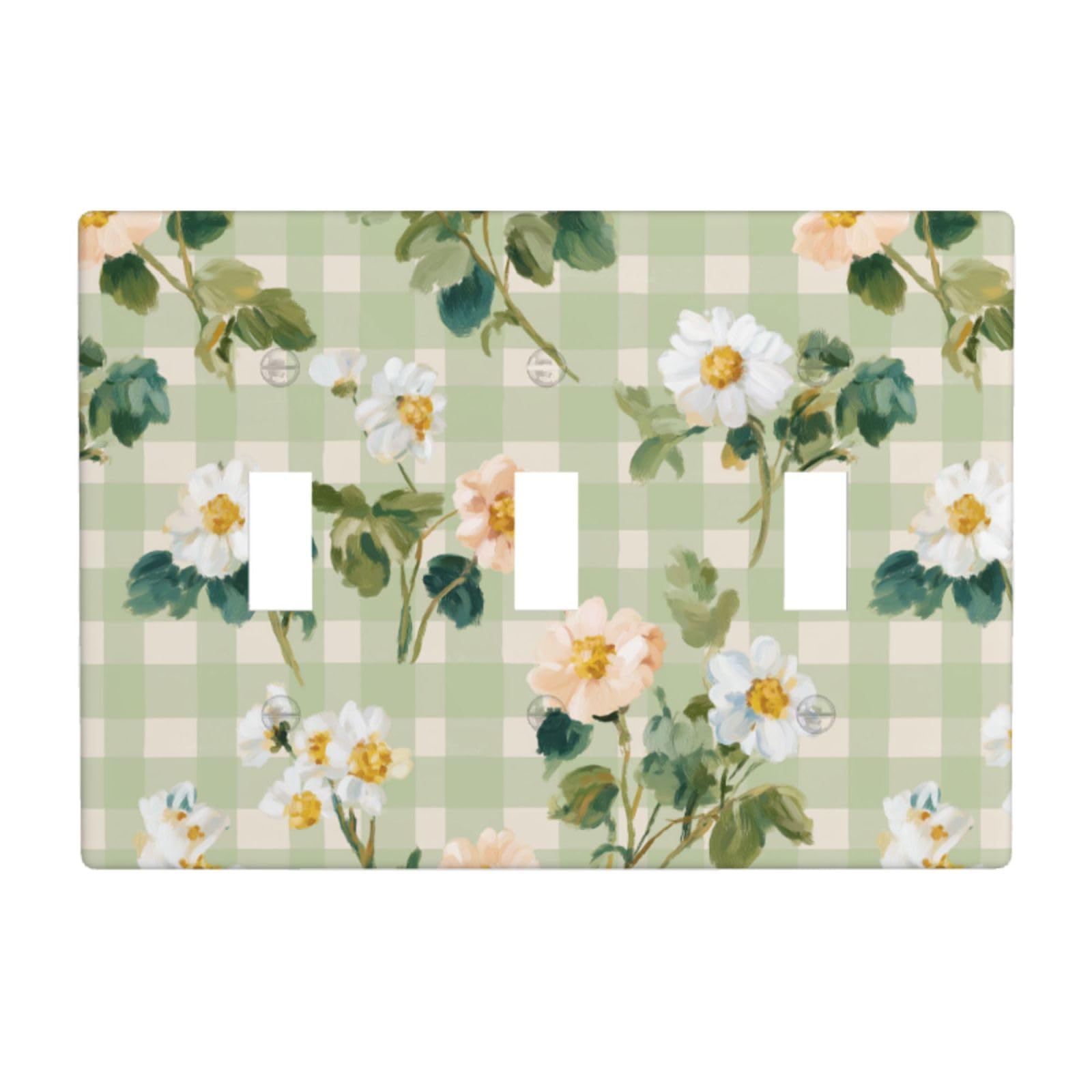 Woshuwo White Daisies Small Sprigs Of Greenery On Muted Green Beige Light Switch Covers 3 Gang Triple Toggle Wall Plate Switchplate Electrical Faceplate For Bathroom Kitchen Bedroom Decor