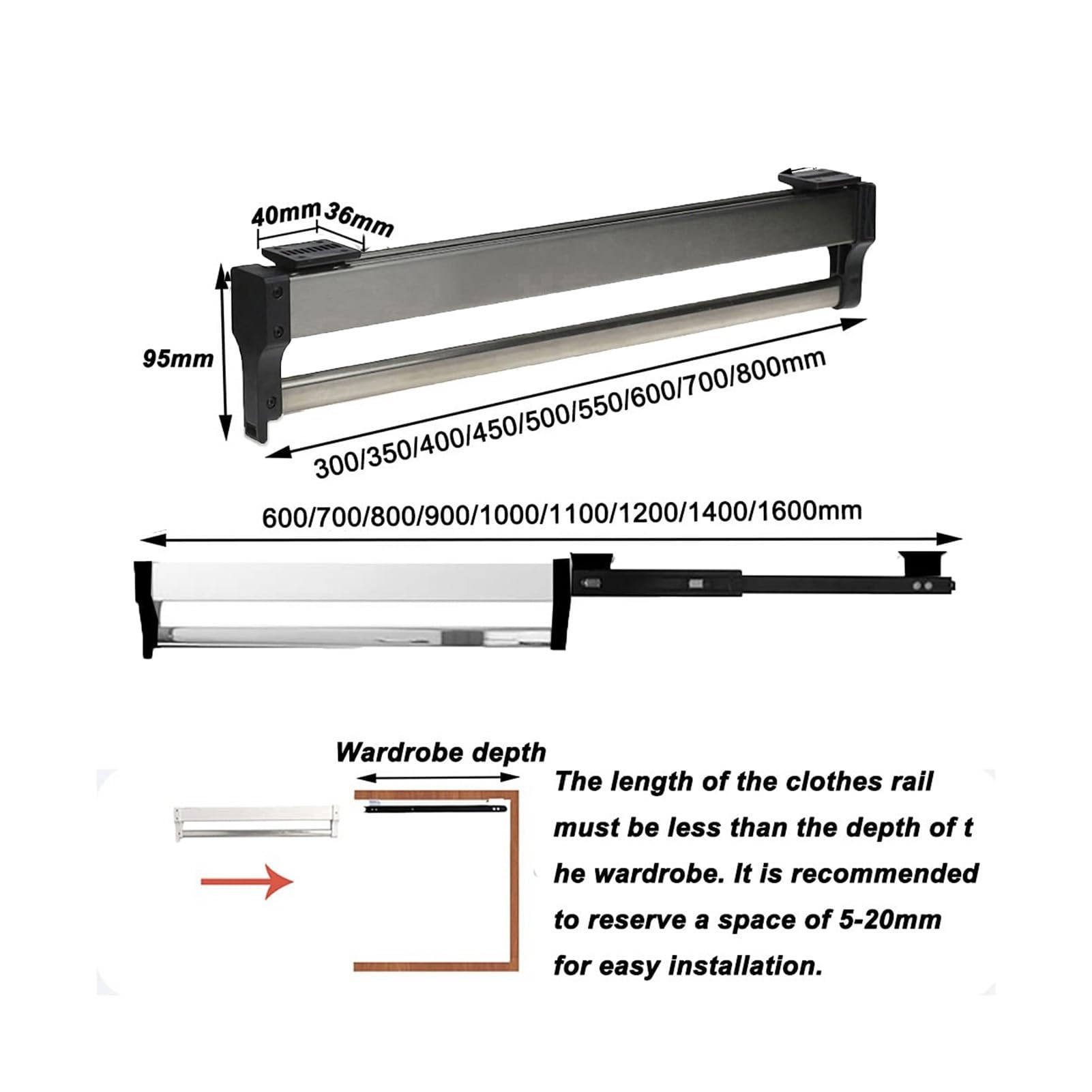 Appendiabiti estraibile 3080 cm inless acciaio scorrevole pantaloni rack per armadio nero 54,9 cm Hanging nizerSto Solut