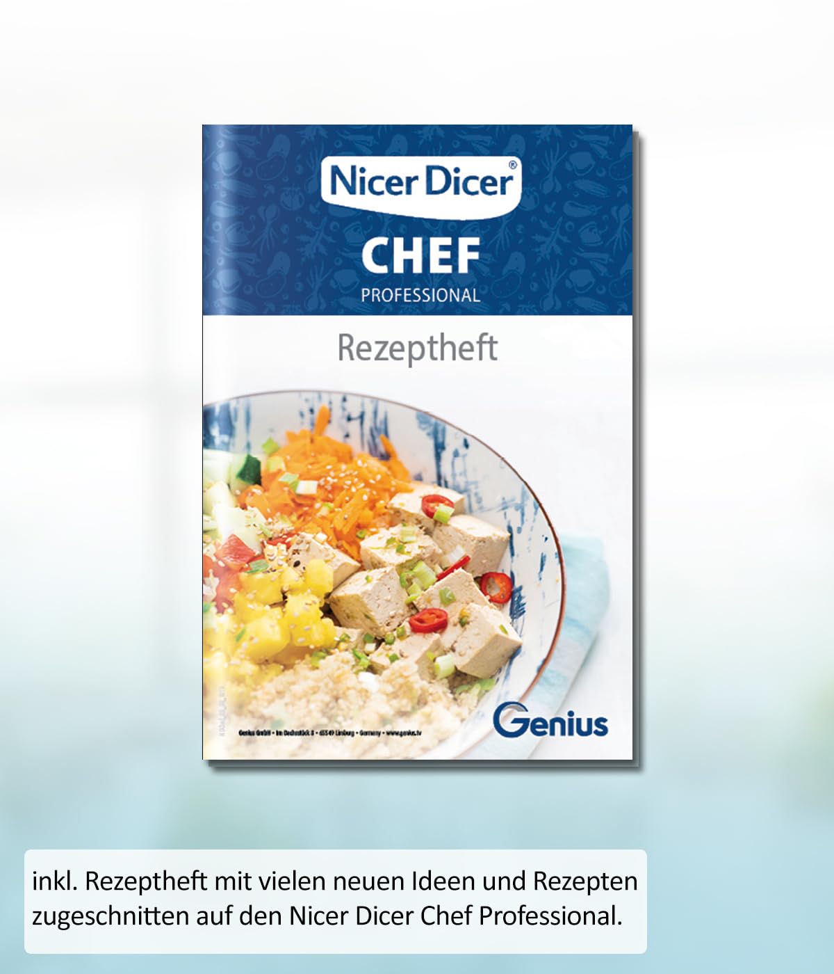 Genius Nicer Dicer Chef Professional Gemüseschneider Gemüsehobel manuell 18-tlg, 5.2L Behälter extra Glassschüssel Deckel, Spiralschneider Pommesschneider Küchenhelfer mit Rezept