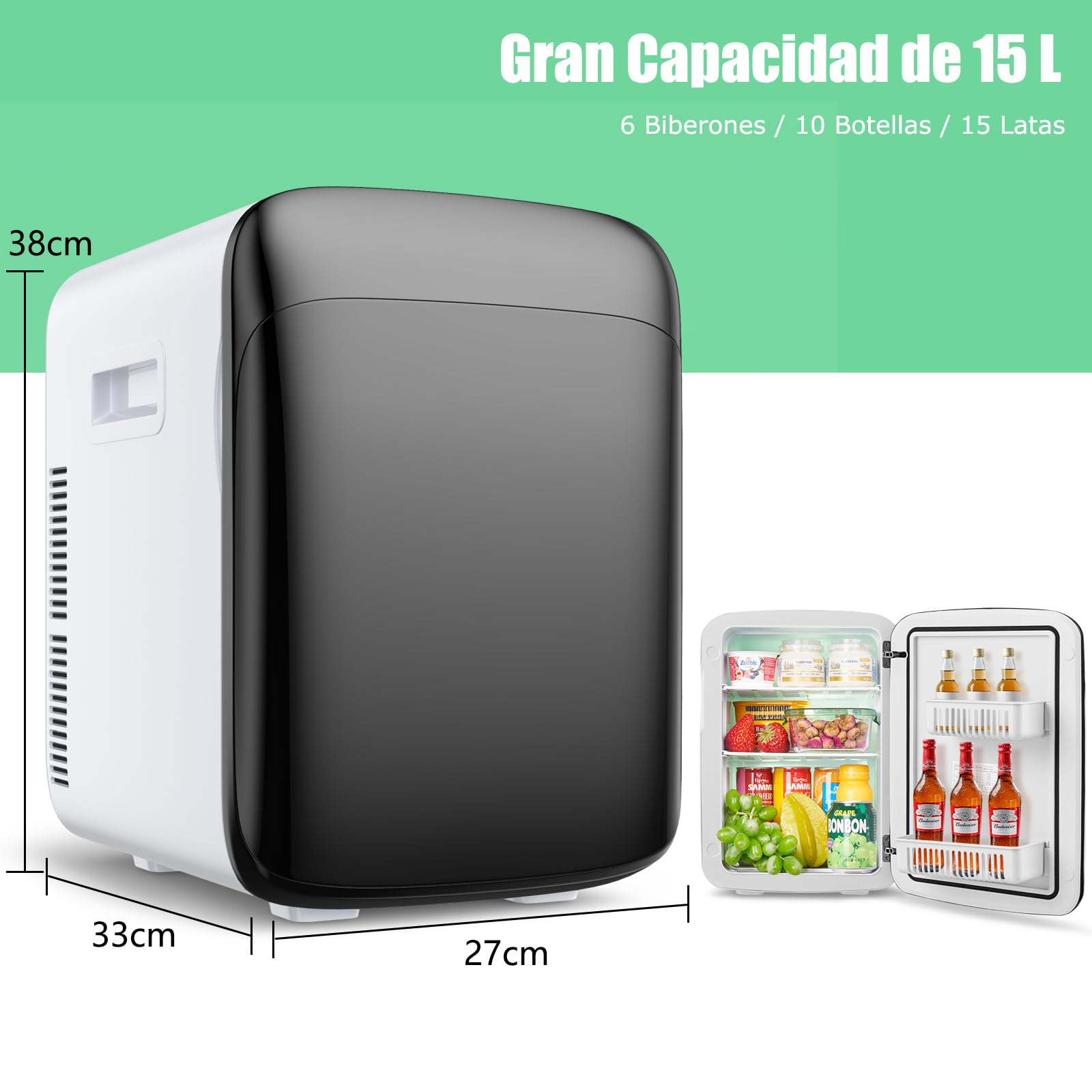 GOPLUS Mini Nevera Pequeña 15L de -3 a 50 ℃, Mini Refrigerador con Funciones Enfriar Calentar, Mini Bar con Regulador de Temperatura Automático para Refresco Cosmético, 38 x 33 x 27 CM (Negro)