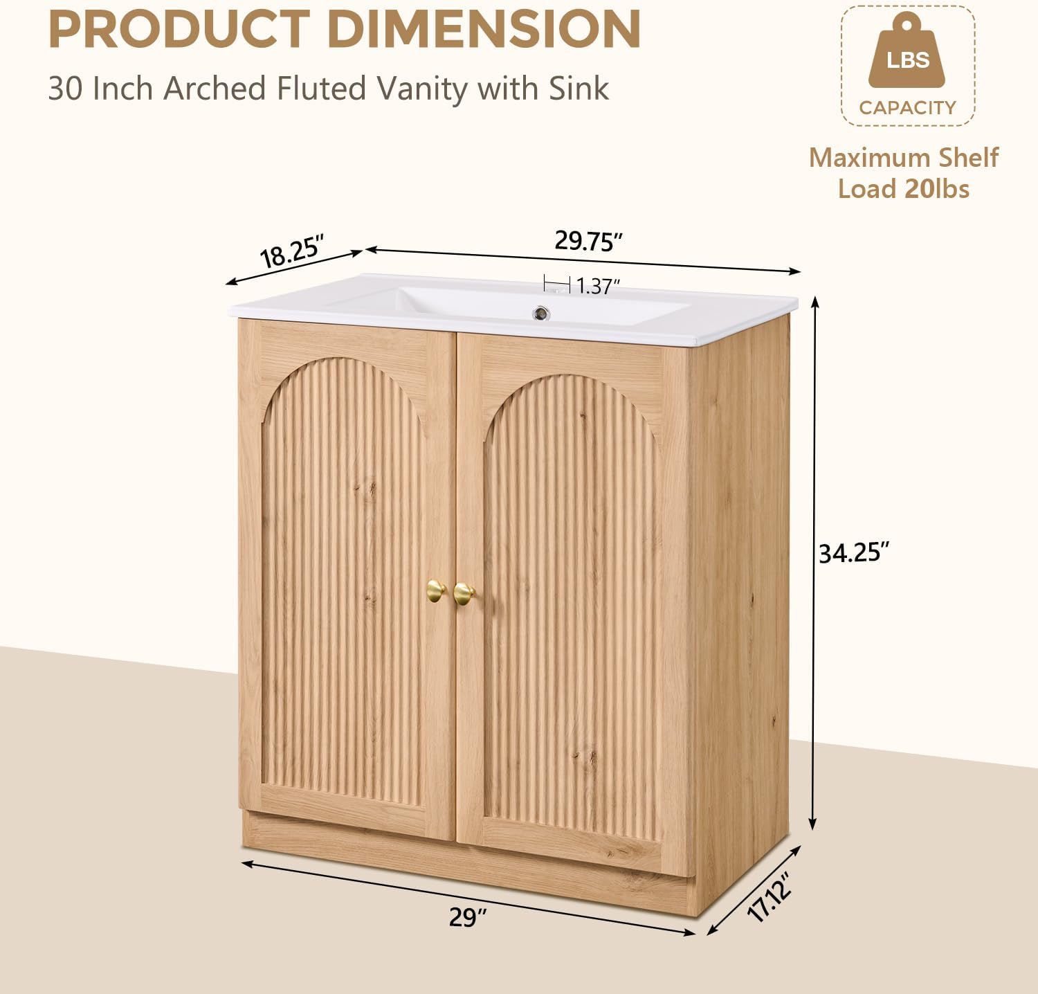 IFBUY 30 Inch Arched Bathroom Vanity with Sink, Modern Fluted Bathroom Vanity Cabinet with Adjustable Storage Shelf, Freestanding Single Bathroom Vanity with Ceramic Basin, Space-Saving, Natural Oak