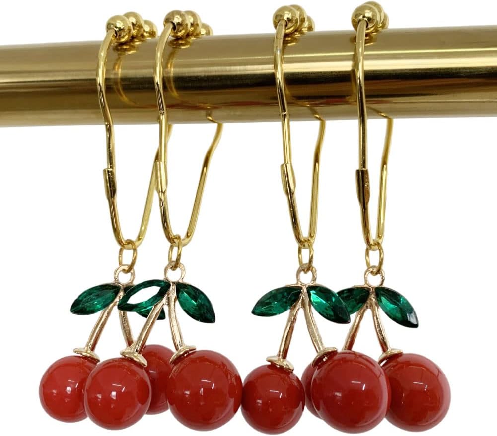 12Pcs Cherry Shower Curtain Hooks Rings, Fruit Themed Bathroom Decor