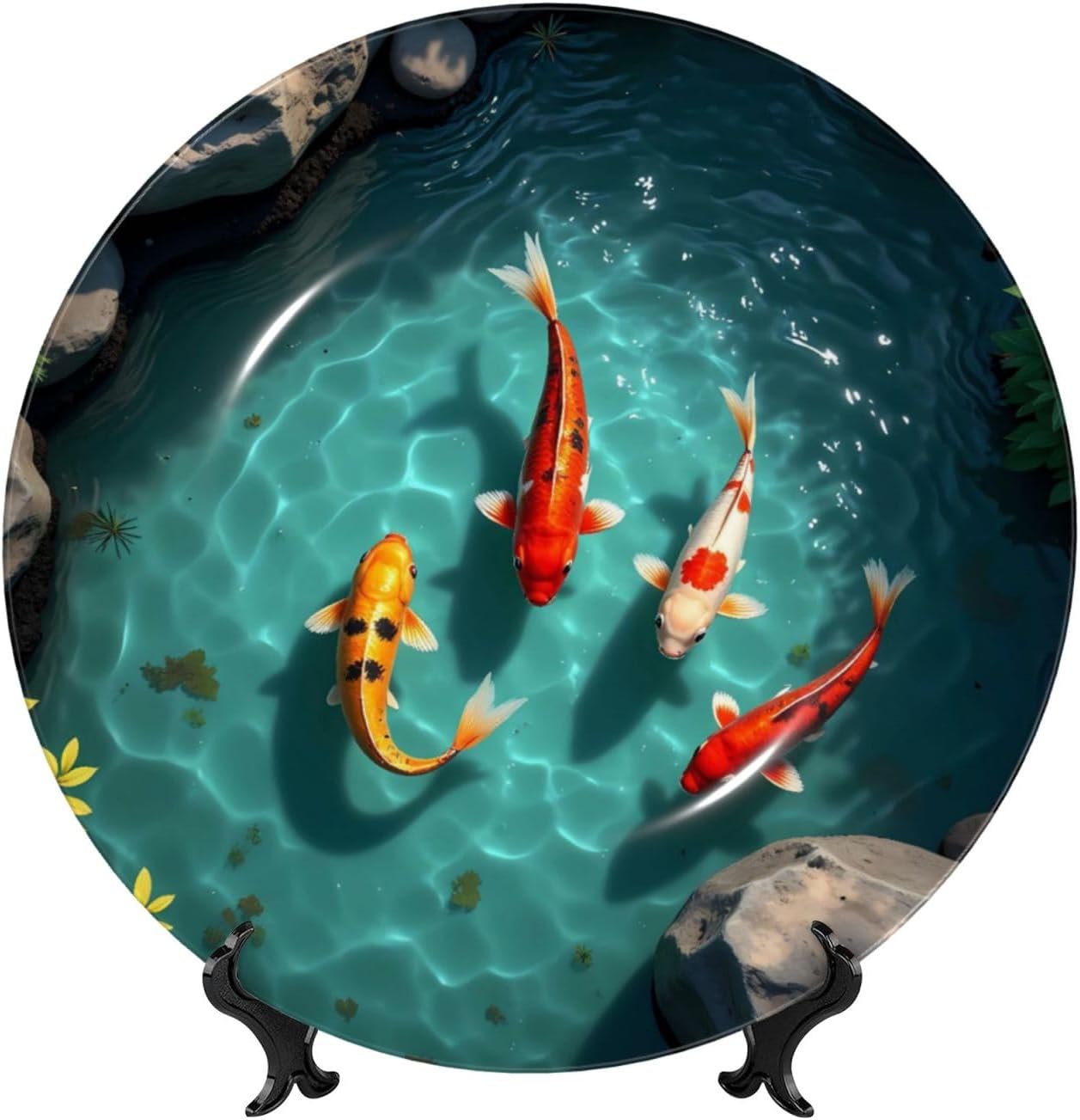 Koi Fish Pond Style Ceramic Plate Display Decorative Plate With Stand Wall Hanging Plate For Home Decor 10 Inch