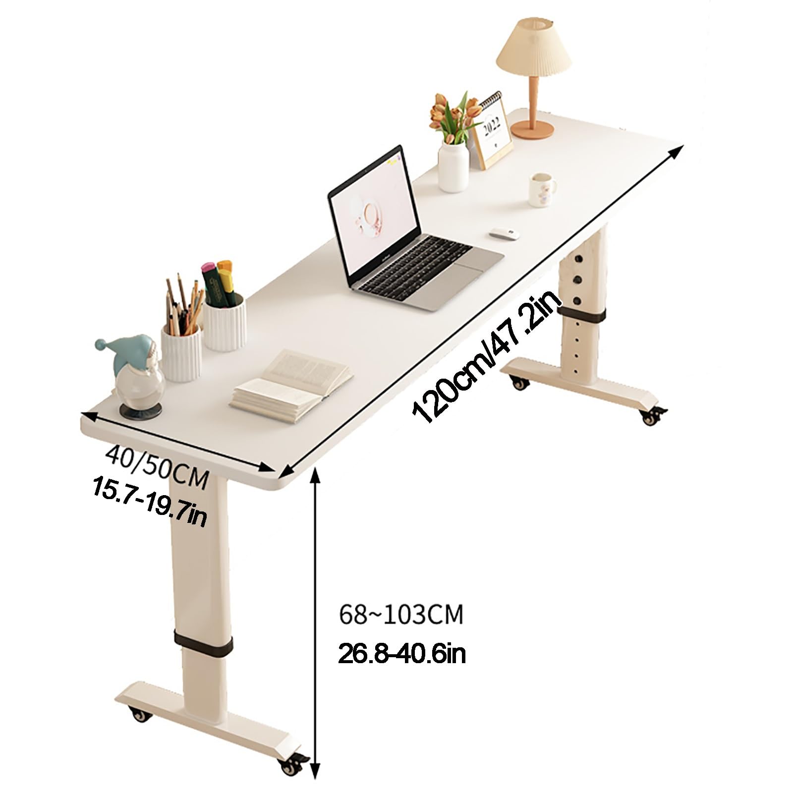 LJFDXD Height Adjustable Overbed Table with Wheels, Mobile Long Narrow Across Bed Computer Desk, Lift-Top Study Table Standing Desk, for Home Office (Color : Gray Oak, Size : 120x50x68cm)