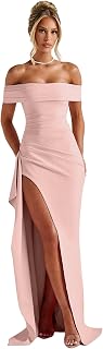 Satin Off Shoulder Prom Dresses Ruffle Bridesmaid Dress Long Split Formal Evening Party Gowns