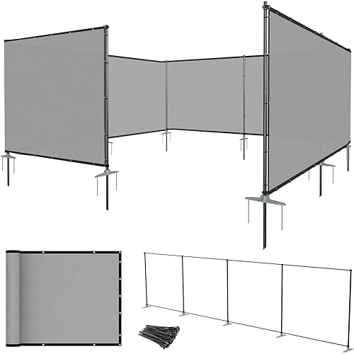 E&K 5'x24' Outdoor Privacy Screen Fence Panel Freestanding Backyard Patio Privacy Pool Fencing Temporary Garden Dog Fence with Iron Poles and Rails (Light Gray)