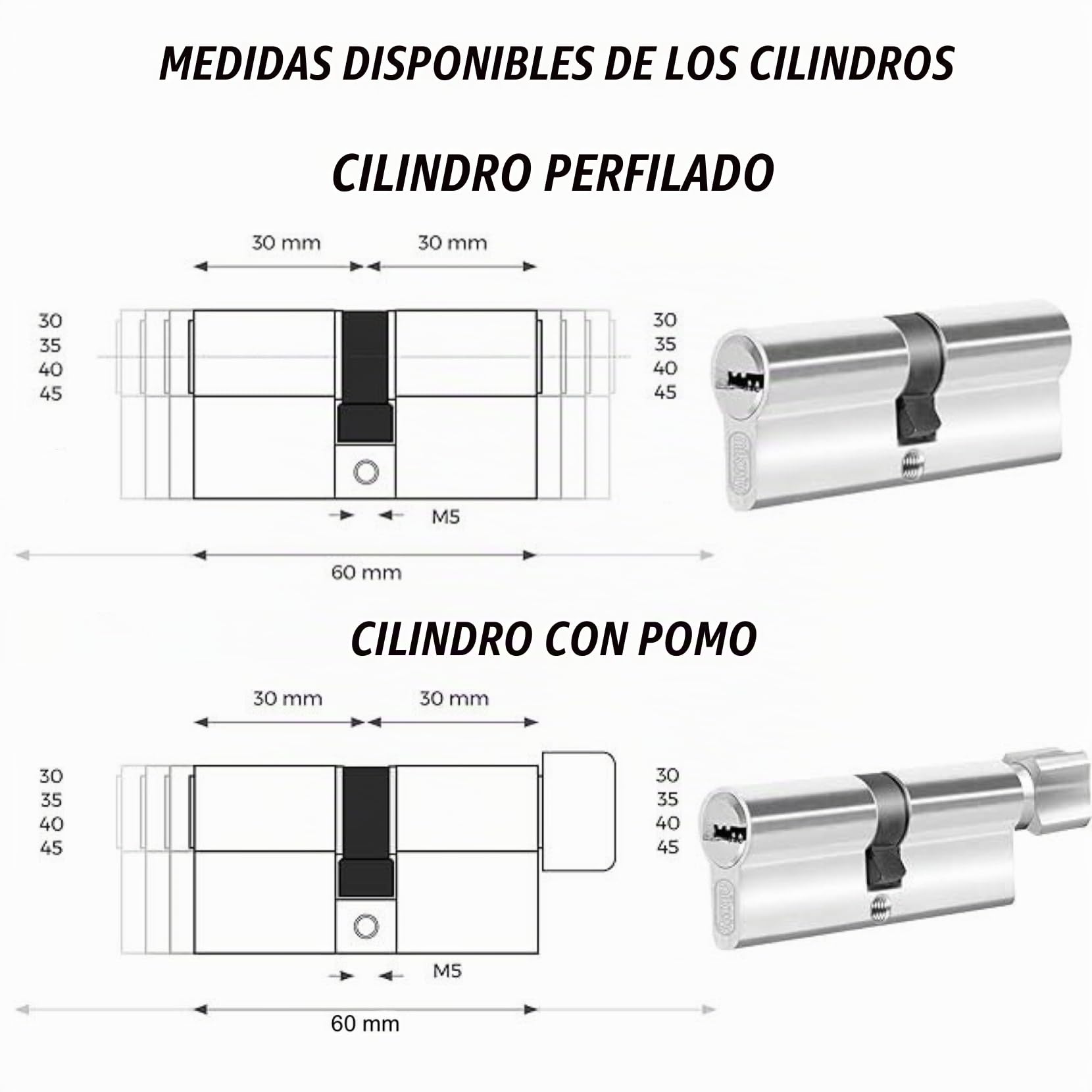 Juego de 4 cilindros para cerraduras de 30/30 mm, cilindro de doble cerradura, tornillos y llaves incluidas, montaje fácil, cerradura para puertas y garajes, antiperforación, llave única, longitud 60
