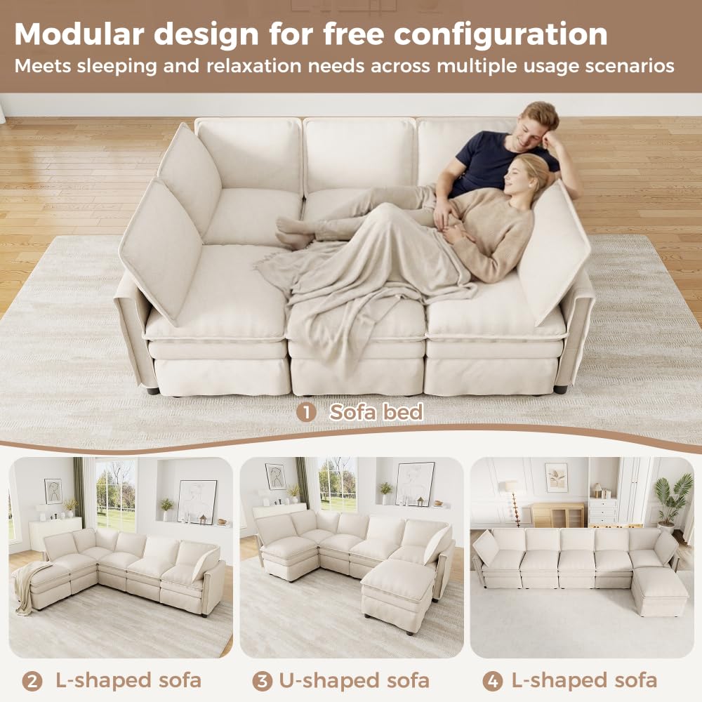 Sofá esquinero convertible, sofá convertible de 4 plazas, sofá cama con función de descanso, se puede combinar libremente en forma, con reposapiés móvil, doble acolchado de asiento,chenilla,(Beige)