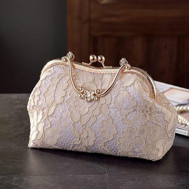 HUFFA Vintage Classic Lace Bag Wedding Shell Lock Bags Women Shoulder Crossbody Bag Chain Women's Handbags Purses (Color : Metal Shell A Beige, Size : 26CM)