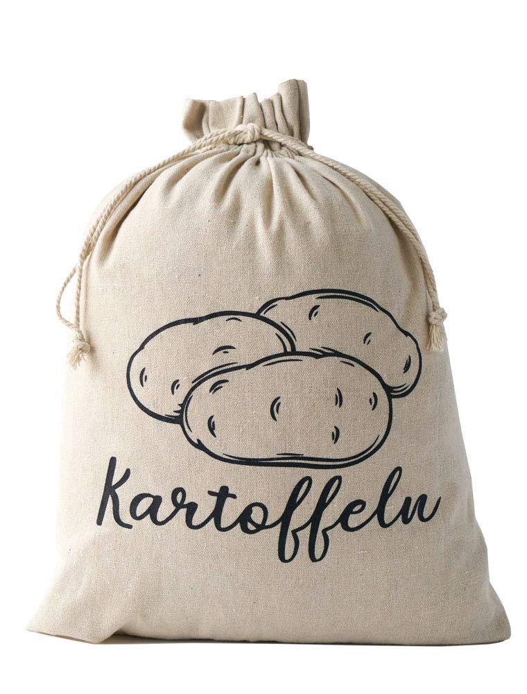 | 3er-Set, Gemüsebeutel aus Leinen-Stoff, zertifiziert, zur Aufbewahrung, je 1x mit Aufdruck für Kartoffel, Zwiebel, Knoblauch