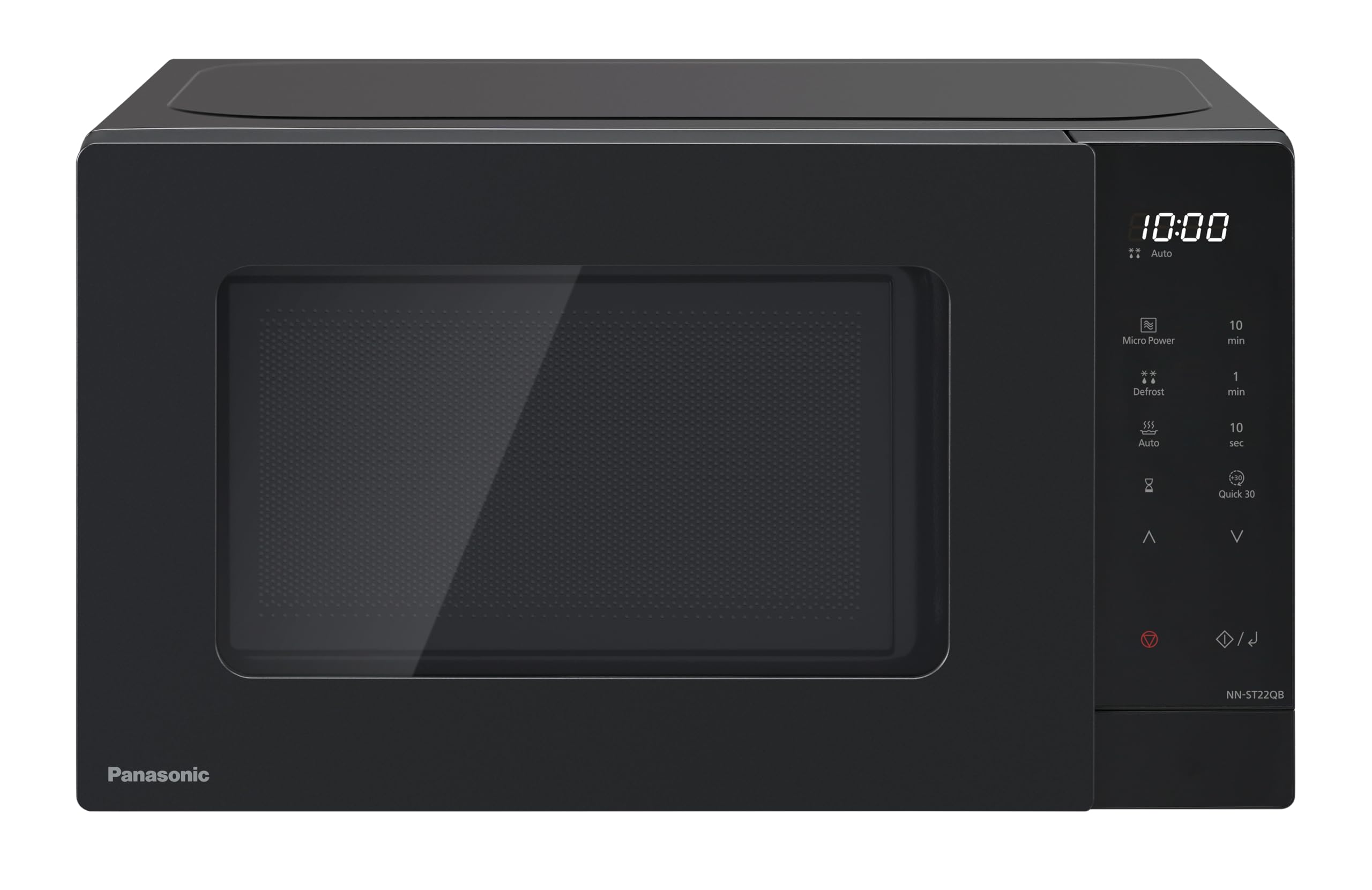 Panasonic NN-ST22QBBPQ 20L Solo Microwave Oven with Glass Tray, 800W, Auto Defrost, 8 Auto Programmes, LED Display, 5 Power Settings, Digital Timer, Black