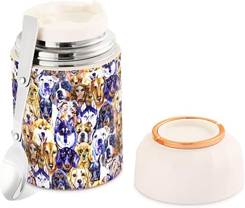 Acuarela Diferentes Perros Chihuahua Husky Corgi Shiba Tarro de comida con cuchara de acero inoxidable aislado al vacío Contenedor de alimentos de