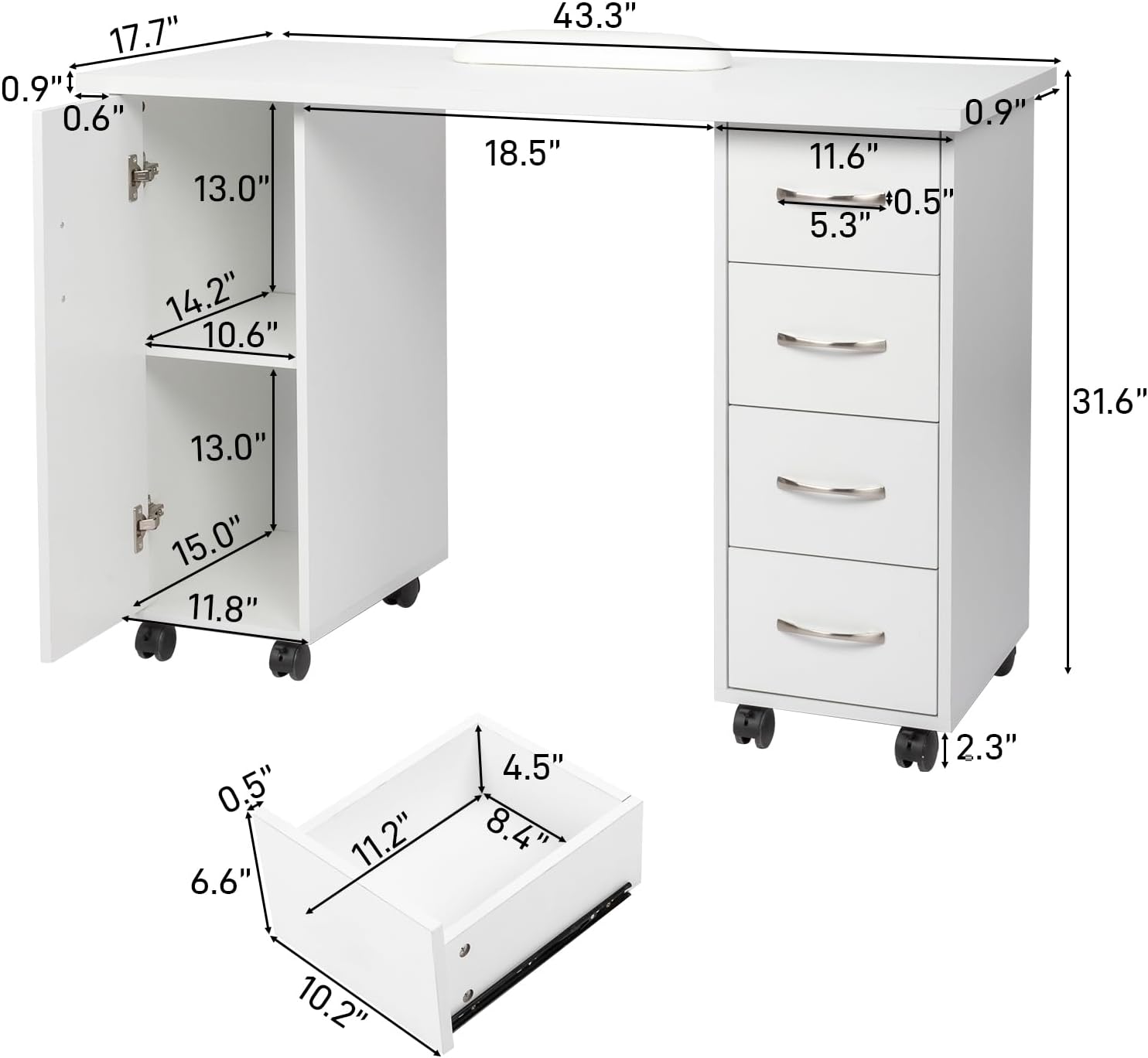 White Modern Nail Tech Workstation, Spa Salon Beauty Home Wooden Manicure Table with Cabinet, Drawers, Wheels & Arm Rest, 43.3"L x 17.7"W x 31.6"H