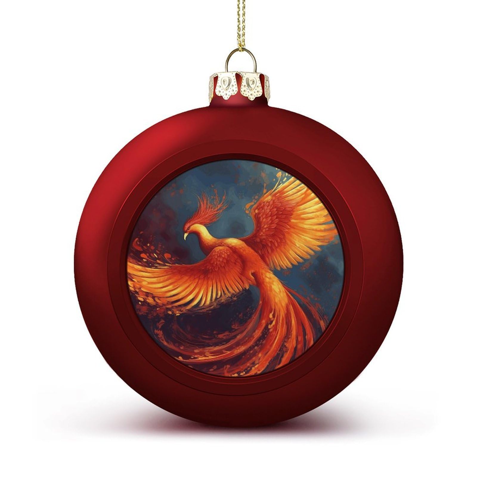 Boule de Noël sapin phénix rouge et orange aux finitions soignées