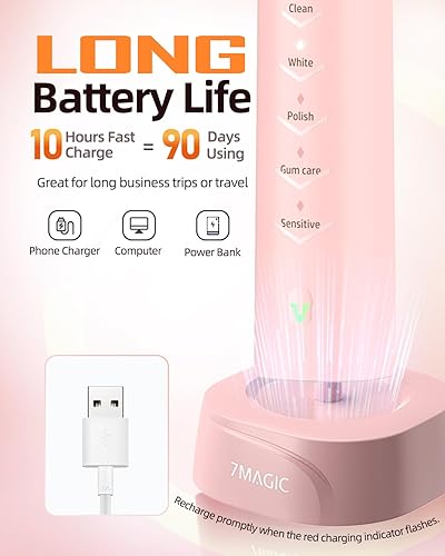 Miniatura 3 de Cepillo de dientes eléctrico para adultos, cepillo de dientes sónico con 3 niveles de intensidad y 5 modos, una carga durante 90 días, cepillo de