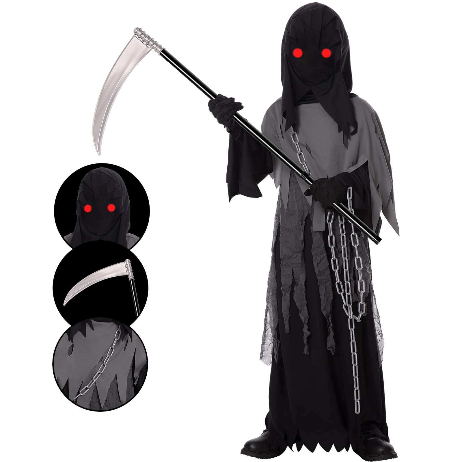 Grim Reaper Halloween Costume with Glowing Red Eyes for Kids, Scythe Included