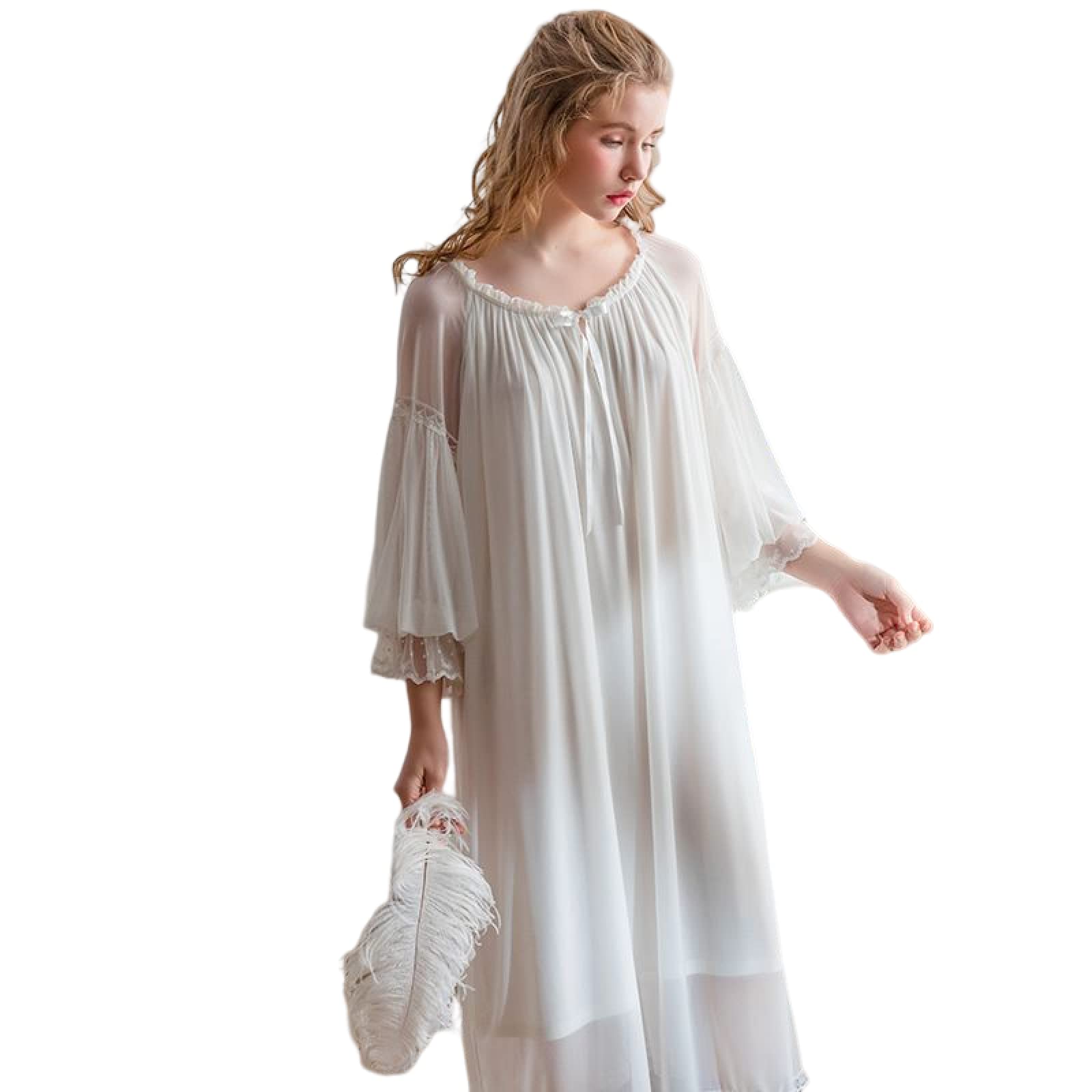 OFFSUM Camicia da Notte Donna - Abito da Notte Vintage con Scollo Rotondo Tinta Unita Bowknot Elegante Principessa Casual Primavera Estate Camicia da Notte Abito da Notte