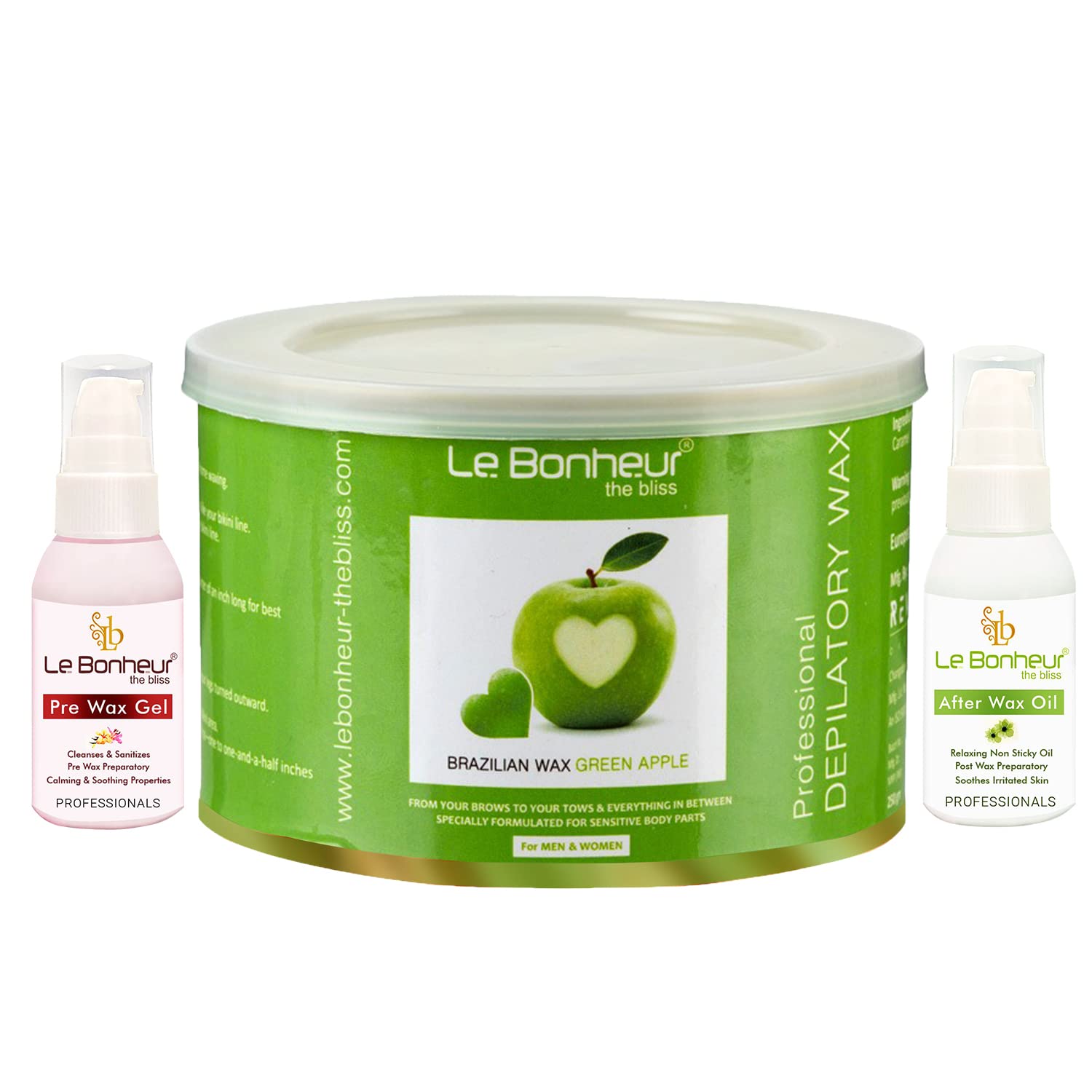 Le Bonheur Brazilian Wax Green Apple, Pre Wax Gel & Post Wax Oil | Stripless Wax for Hair Removal At Home | Self Waxing for Under Arms, Eyebrow, Bikini, Chest, Upper Lips | 250gm-45ml-30ml - Pack of 3