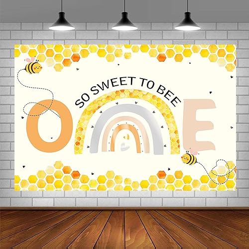 Miniatura 3 de Telón de fondo de 7 x 5 pies para niña, decoración de fiesta de primer cumpleaños de abeja, fondo de fotografía, fondo bohemio, arco iris, panal,