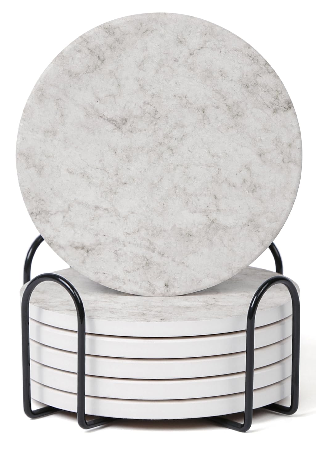 Hoomey Set of 6 Grayish White Abstract Onyx Marble Coasters with Holder, Absorbent Ceramic Coasters for Drinks, Coasters with Cork Backing for Table