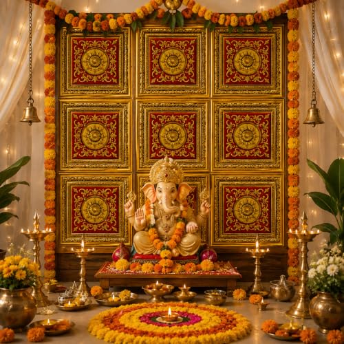 Image of SATYAM KRAFT 9 Piece Ganpati Bappa Backdrop Wall Panels (9 pcs Set) | 30 x 30 CM Each Panel | 90 x 90 CM DIY Mandap Background | 9 Panels | Includes Double-Sided Tape (Red)