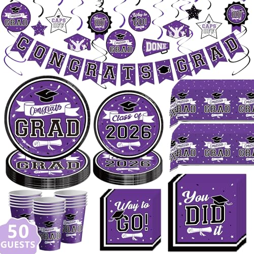 DAZONGE Graduation Decorations Class of 2026 Purple 265pcs Disposable 2026 Graduation Party Decorations Tableware Set Grad Party Supplies for 50 Guests Congrats Grad Banner and Hanging Swirls