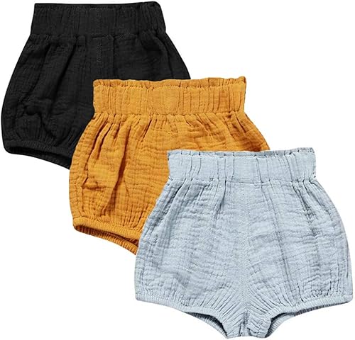LOOLY Unisex Baby Girls Boys 3 Pack Cotton Linen Blend Bloomer Shorts (90 (1-2T)
