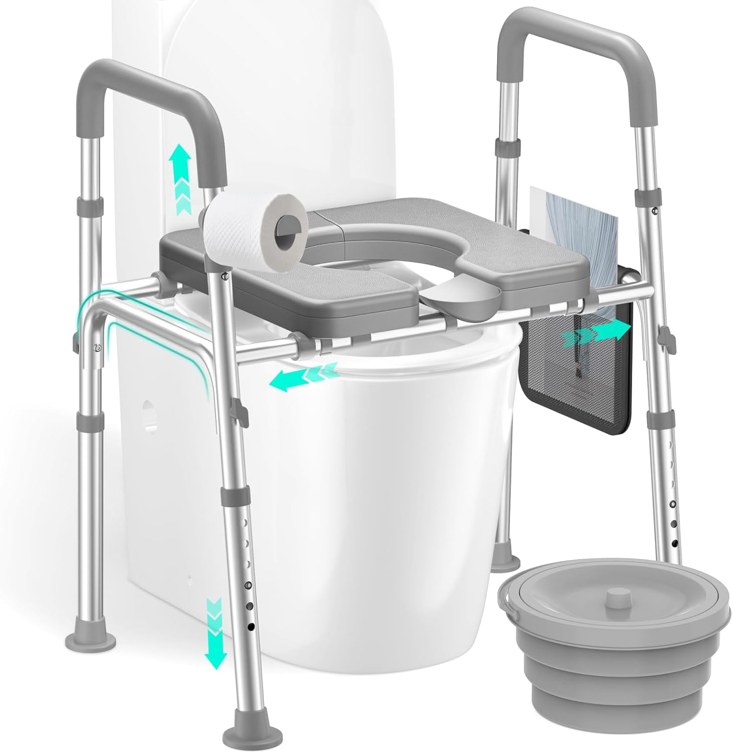 HOMEAL Raised Toilet Seat with Handles, Heavy-Duty 3-in-1 Bedside Commode Chair for Seniors, Supports 450LBS, Adjustable Toilet Seat Riser with Safety Frame and Arms for Bathroom Assistance With Commode Grey