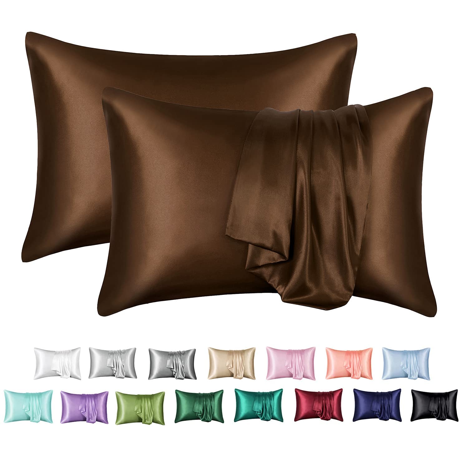 Silky Pillowcase 2 Pack, 50X75CM Silky Satin Pillowcase for Hair and Skin, 20x30 inches Pillow Cover, Satin Pillow Cases Set of 2 with Envelope Closure, Pillow Cases Queen Standard Size - Coffee