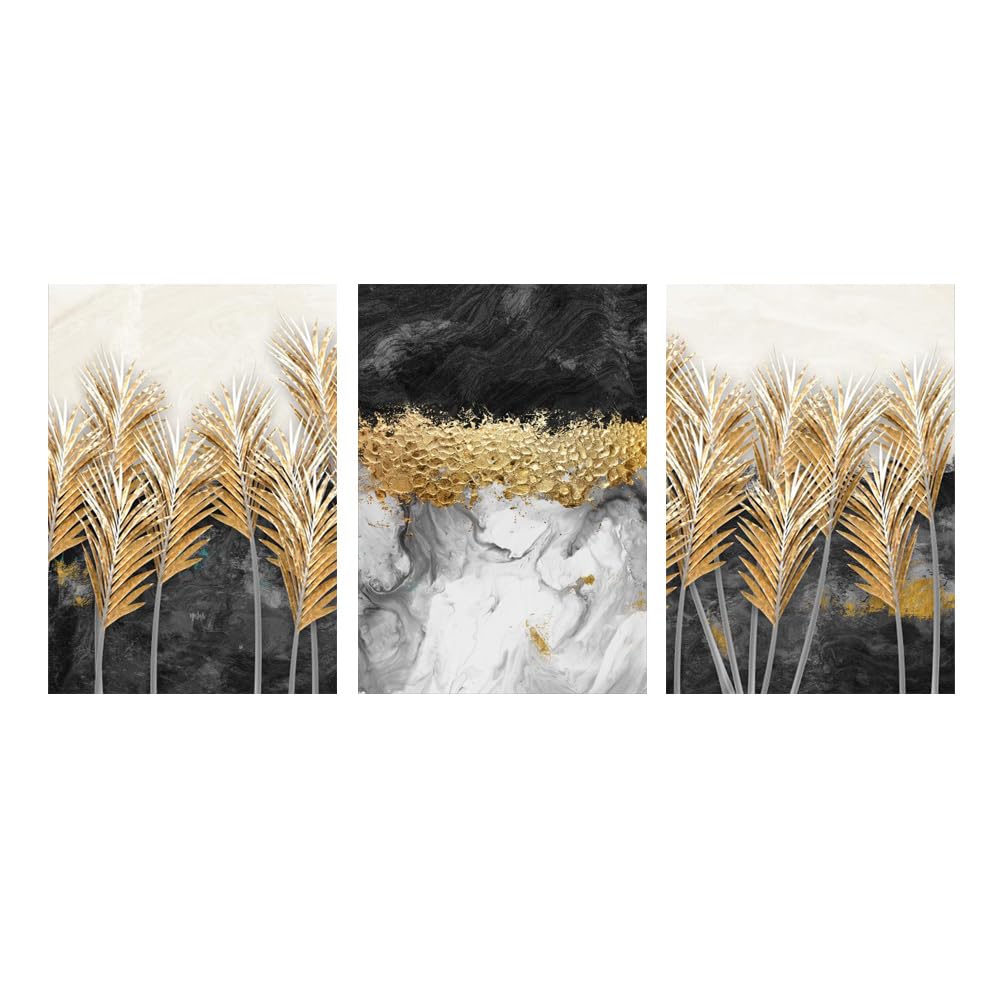 SOBMQ Pictures-Abstract Black and White Golden Plant Wall Art Canvas Painting Pictures for Living Room Nordic Morden Living Office Home Decoration-40 * 60cm-3PCS (No Frame)