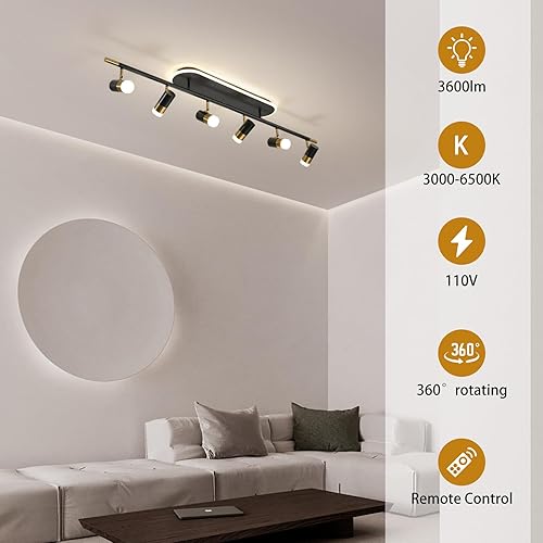 Miniatura 2 de Jaycomey Modernas luces LED de techo, regulables de 6 luces empotradas, lámpara de techo con control remoto, 51 pulgadas, negro y dorado