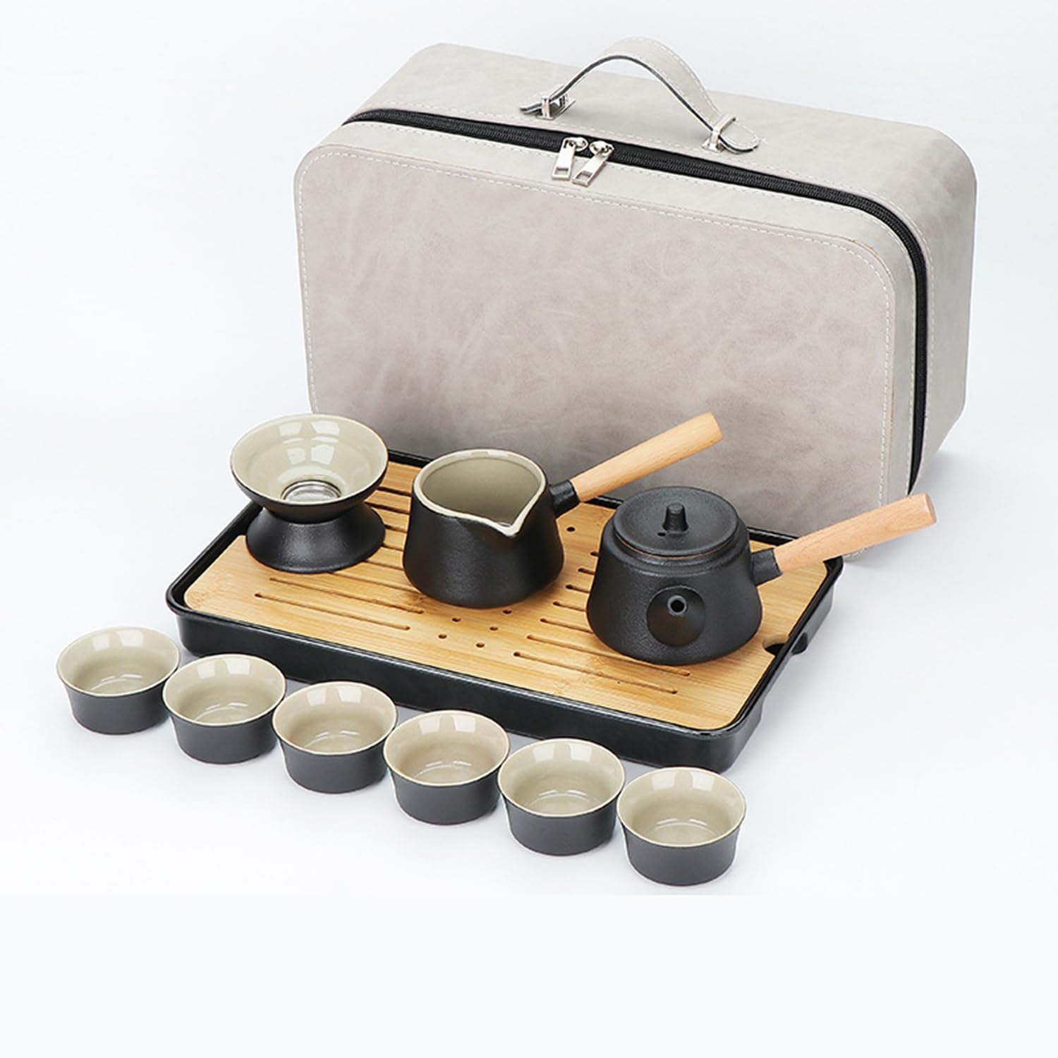 Japanese tea set |Chinese Gongfu Tea Set |Ceramic Portable tea set |tea sets for adult |13-piece withgrey leather case |Tea set gift for Home