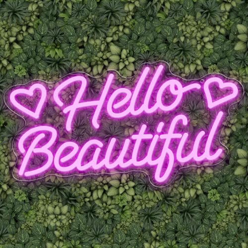 Image of Hello Beautiful Neon Sign, Dimmable Neon Light Sign, LED Letters Light up Signs for Wall Decor, USB Powered Neon Lights for Shop Party Bedroom Christmas Decoration 16.33 x 8.66 inch