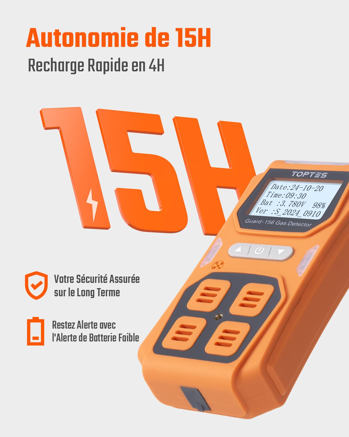 TopTes Guard-156 Détecteur 4 en 1 pour H2S, CO, Lie et O2, Triple Alarme (visuel, Vibration, sonore), réponse Rapide 0,5 s, Design Pratique et Anti-poussière pour sécurité au Travail et à Domicile