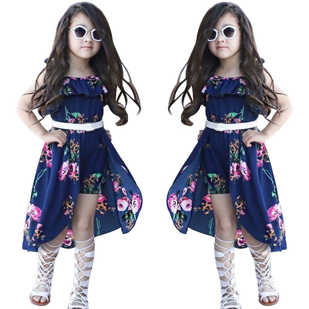 Kids Girls Summer Sling Sweet Floral Dress Elegant Girl Princess Ruffles Irregular Culotte Dresses 3-8 Year