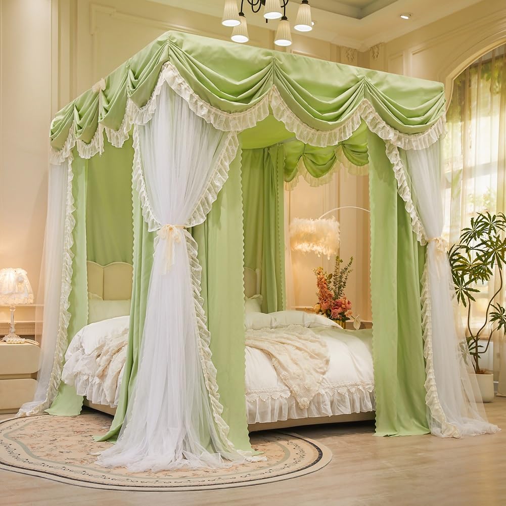 GUOIOOI Romantic Pink Lace Princess Bed Canopy with Double Layer Curtains, Elegant Ruffled Drapes for Four Poster Queen Size Beds, Cozy & Dreamy Bedroom Decor(Green,FULL/1.5x2M)