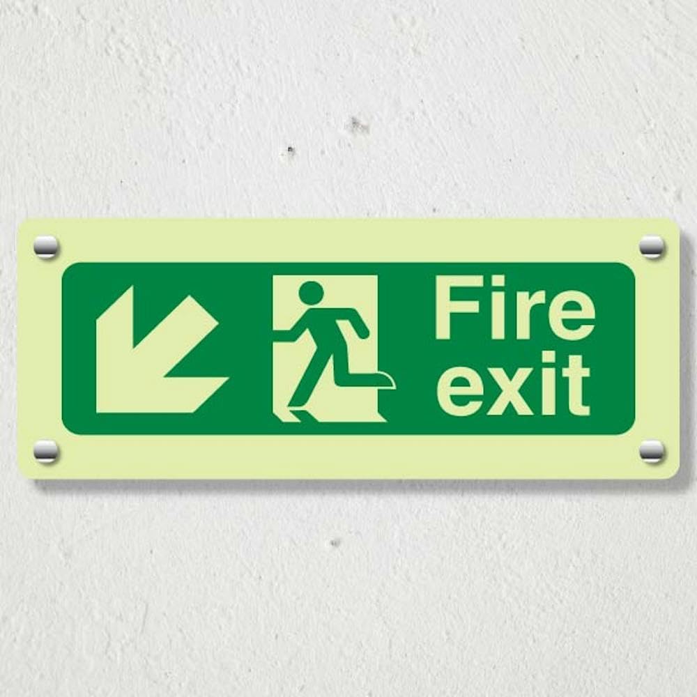 V Safety Photoluminescent Fire Exit Arrow Down Safety Sign, 600 mm x 200 mm, 3 mm Aluminium Composite, GloReflect
