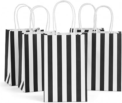 100Pcs Small Gift Bags,Black & White Striped Recycled Paper Bag | 5.25x3.75x8 Inch,120GSM,Perfect for Party Favors, Shopping, Goodies, Birthday, Retail, Halloween,Business,Gift Wrapping