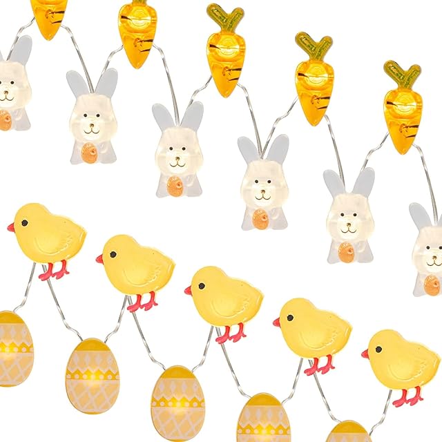 Vanthylit Set of 2 Easter Lights 3M 30 LED Easter Egg Chicken Bunny and Carrot Fairy Lights Battery Operated Decorative Lights for Bedroom Home Party Table Easter Decorations (Warm White)