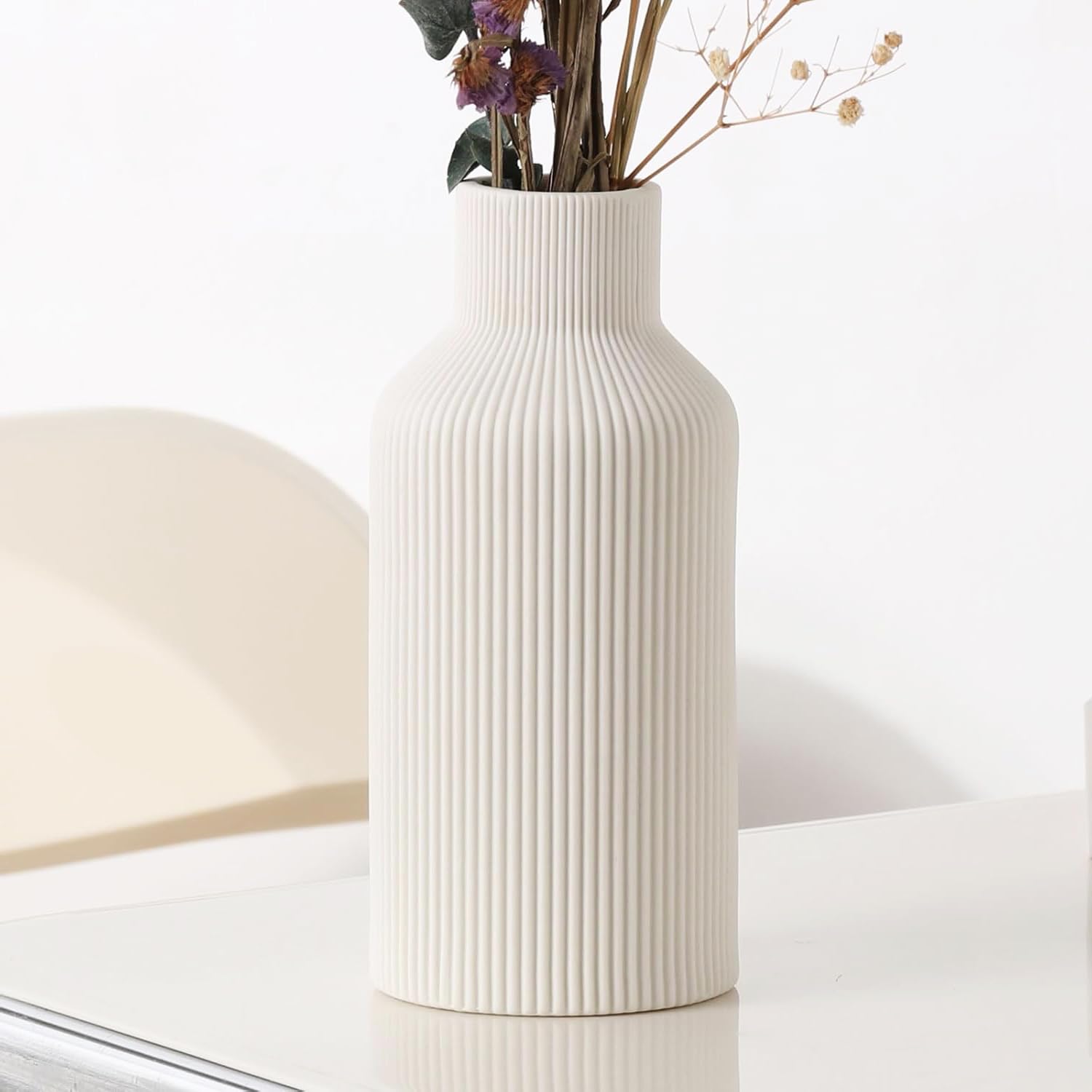 Vase, White Ceramic Flower Vase, Vase Minimalist Modern Home Decor, Vase Matte Finish Vase for Table, Fireplace, Shelf, Mantel, Entryway and Centerpieces