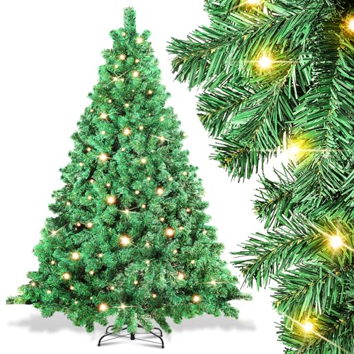 EINFEBEN - Albero di Natale artificiale con illuminazione, 210 cm, con supporto in metallo, 400 luci a LED a luce bianca calda, albero decorativo natalizio con 1200 rami, difficilmente infiammabile