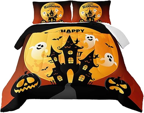 Juego de edredón de fantasma, tamaño individual, castillo para niños, juego de ropa de cama de castillo fantasma de Halloween, juego de ropa de cama
