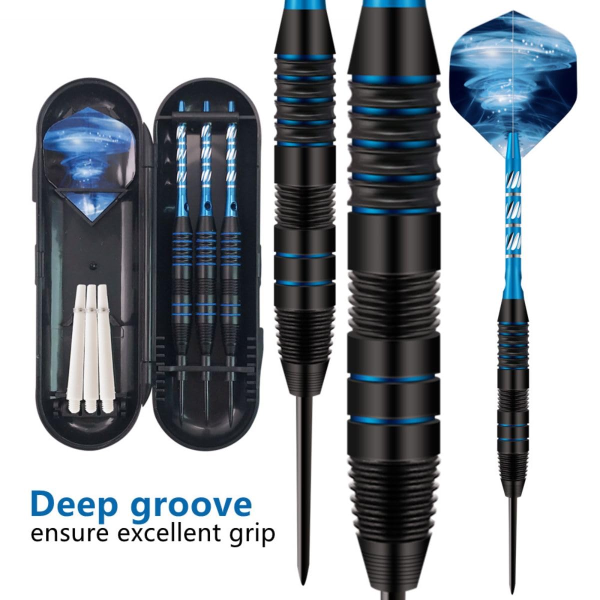 HRLORK 3 Packs Darts Set Professional Darts Set Steel Tip Darts Aluminum Shafts Darts Stems and Flights with 3 White Spare Shafts and Darts Case- Blue - Image 2