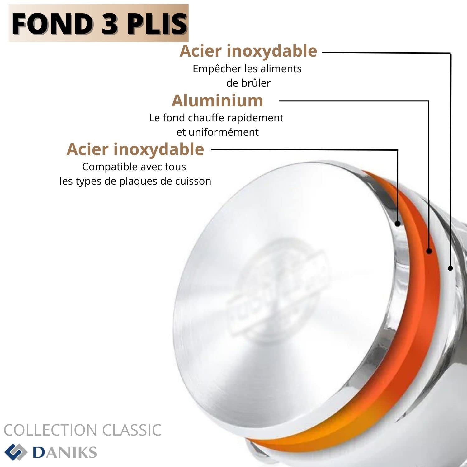 Daniks Classic Faitout en acier inoxydable avec couvercle en verre pour induction 3 l Ø 18 cm
