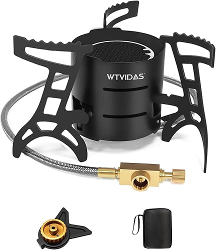 Estufa de camping portátil de 3000 W con encendido piezoeléctrico, adaptador de recipiente de combustible, estufa de gas a prueba de viento para